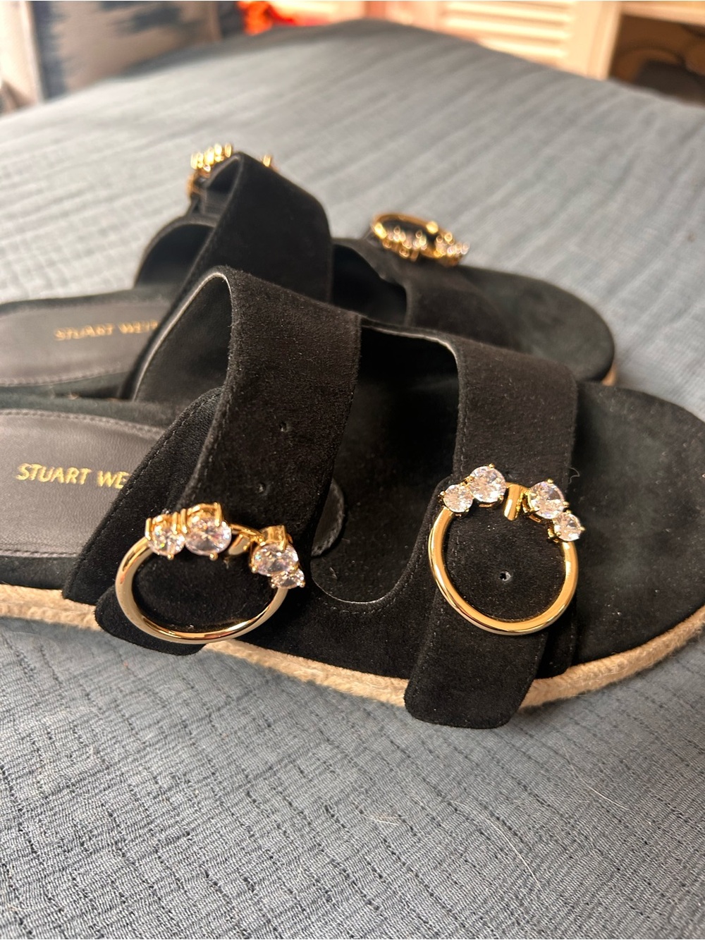 Stuart Weitzman black suede Crystal Ring espadrille flat slide sandals - Picture 6 of 8